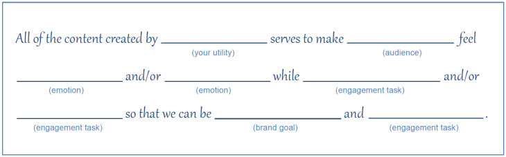 Image of a blank fill-in-the-blank content strategy statement. The text says: All of the content created by (Your Utility) serves to make (Audience) feel (emotion) and/or (emotion) while (engagement task) and/or (engagement task) so that we can be (Brand goal) and (engagement goal)