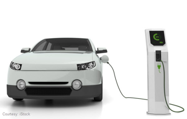 EV at a charging station Stock photo of an electric vehicle plugged into a charging station