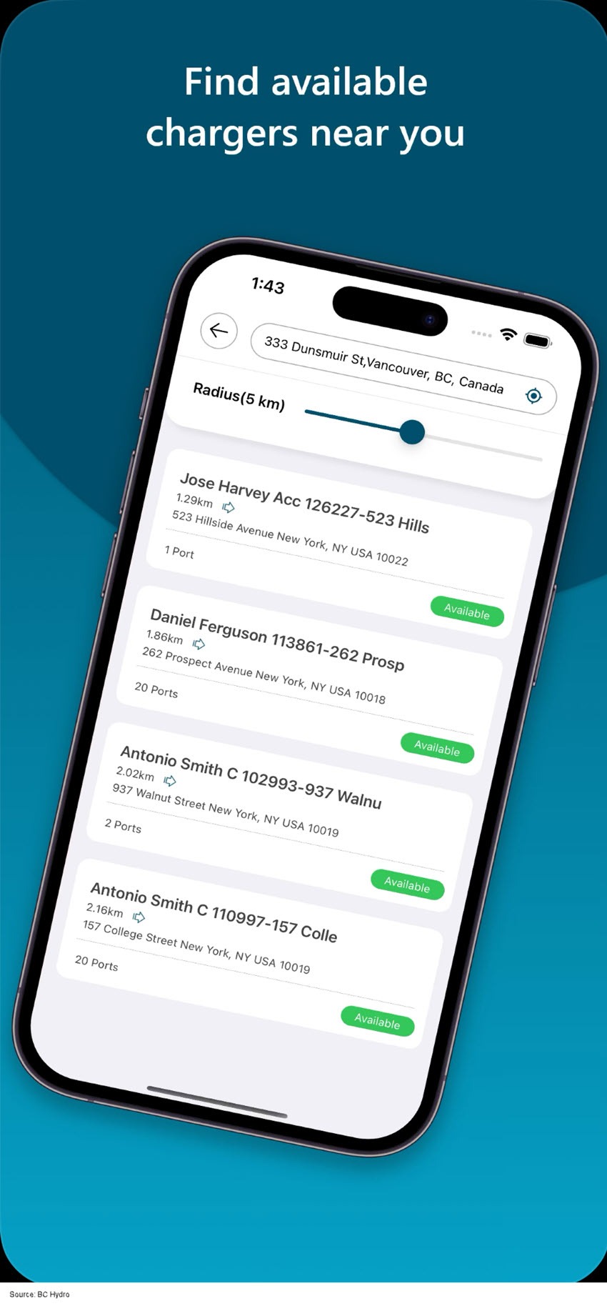 Screenshot of mobile app showing a map that customers can use to find an available charger.
