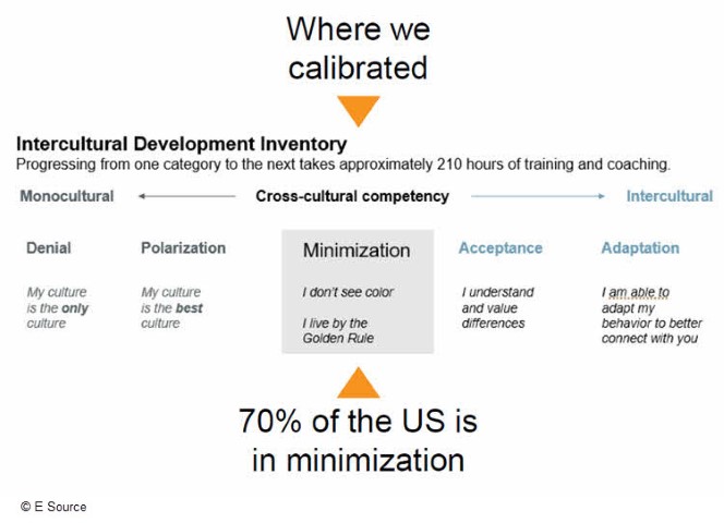 Intercultural Development Inventory spectrum showing where E Source falls compared to the rest of the United States: Minimization.