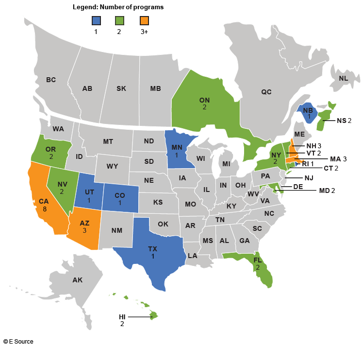 map showing which states and provinces currently offer a battery program