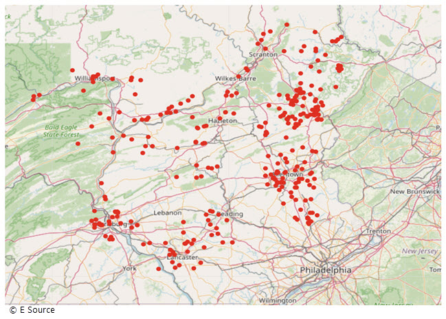 This image shows a map of PPL Electric Utility's service territory. Red dots indicate customers who likely have a Level 2 charger. There are over one hundred identified customers, with clustered customers around Allentown, Lancaster, Harrisburg, and Jackson, Pennsylvania.